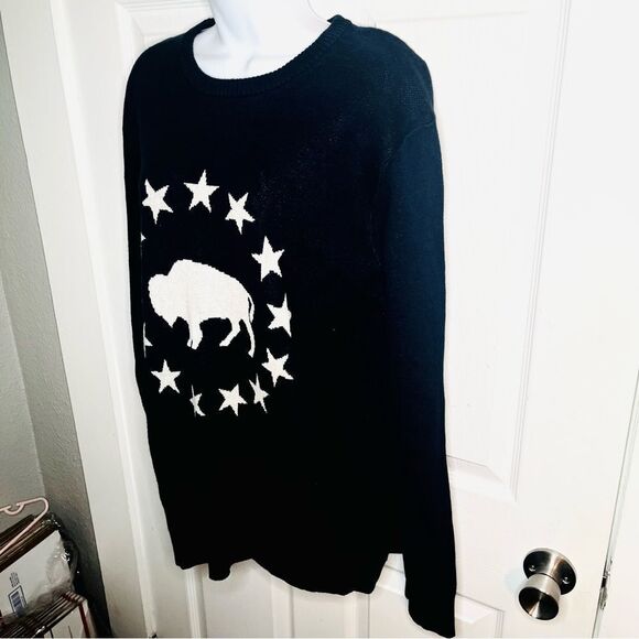 Lucky Brand Blue Cream Novelty Crew Sweater Buffalo Stars Americana Design XL - Picture 8 of 11